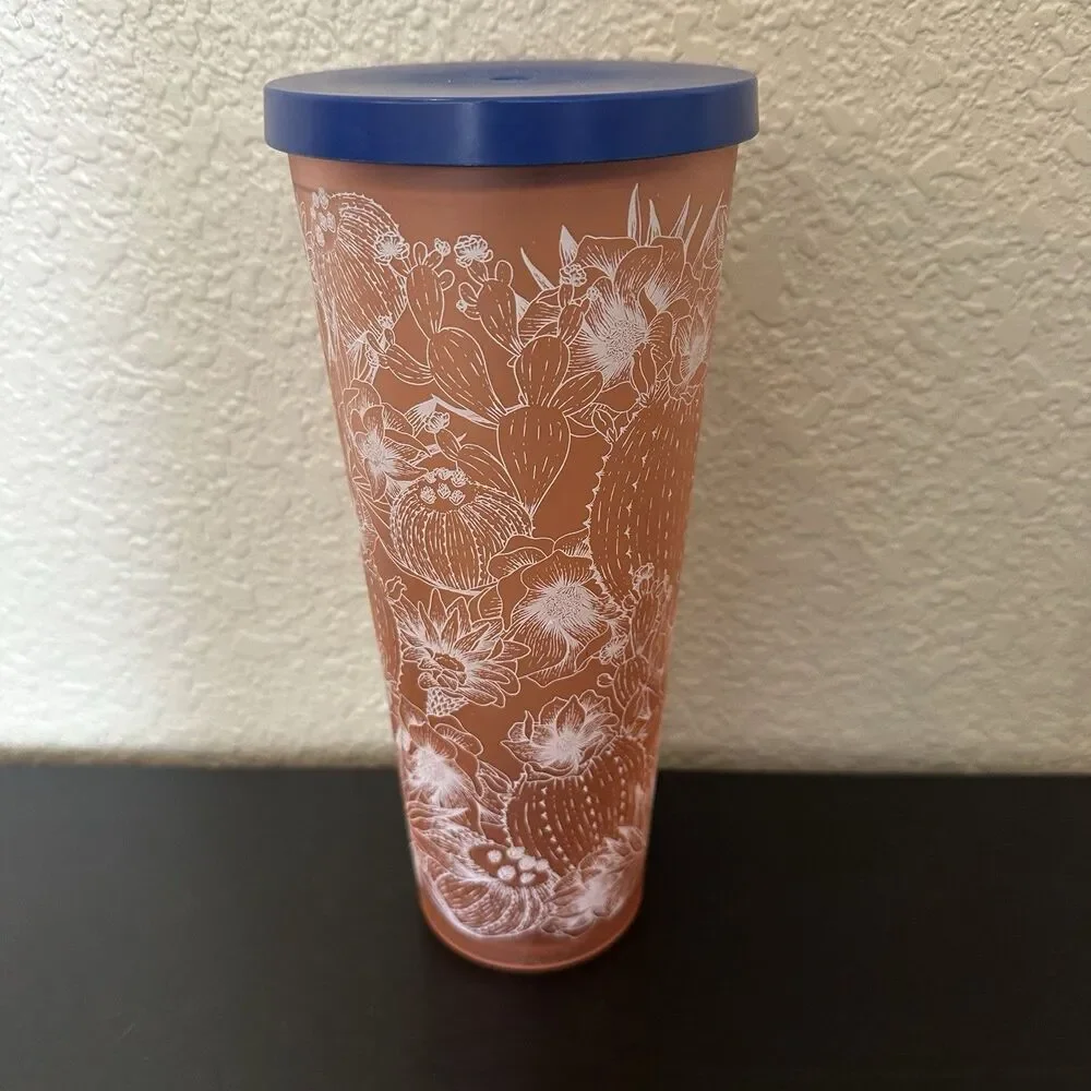 2019 Starbucks Coral Soft Touch Cactus 24 oz Tumbler Cup Blue Lid Collectible‎